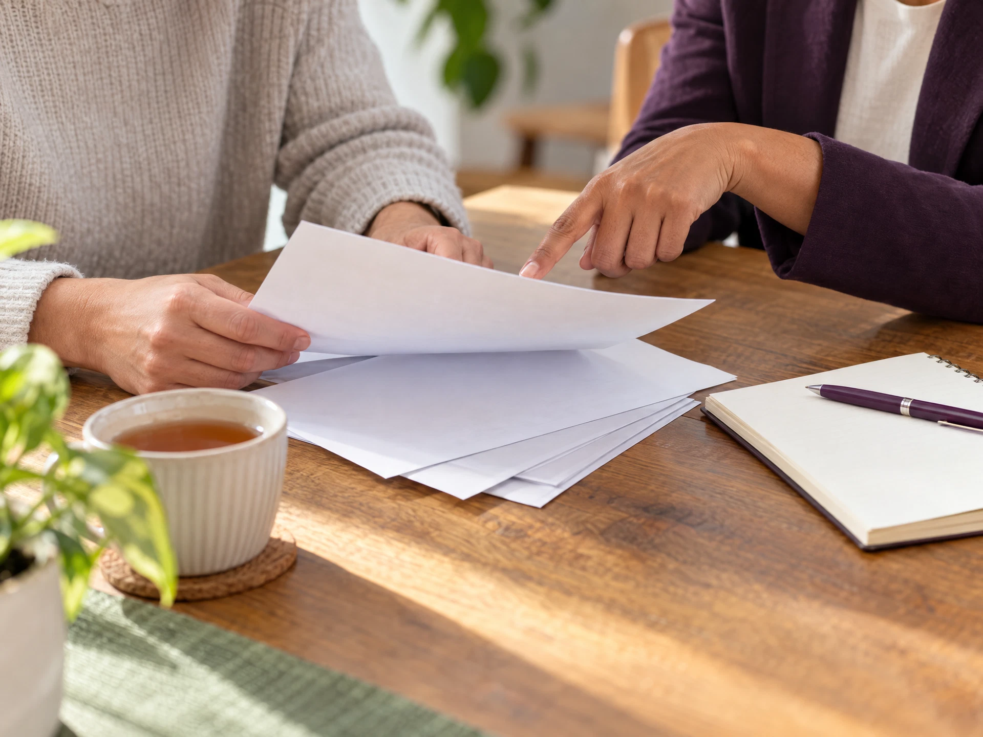 Hands calmly organising generic paperwork together on a table.