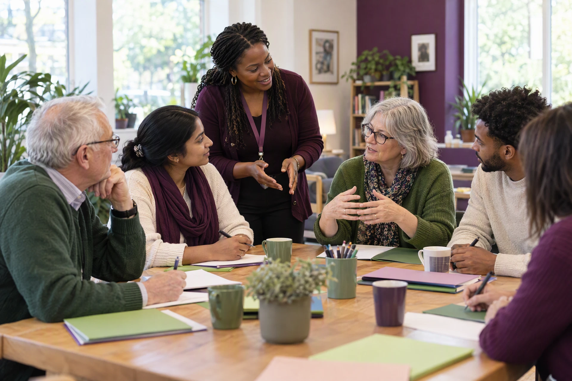 A diverse group of adults taking part in a welcoming community learning session.